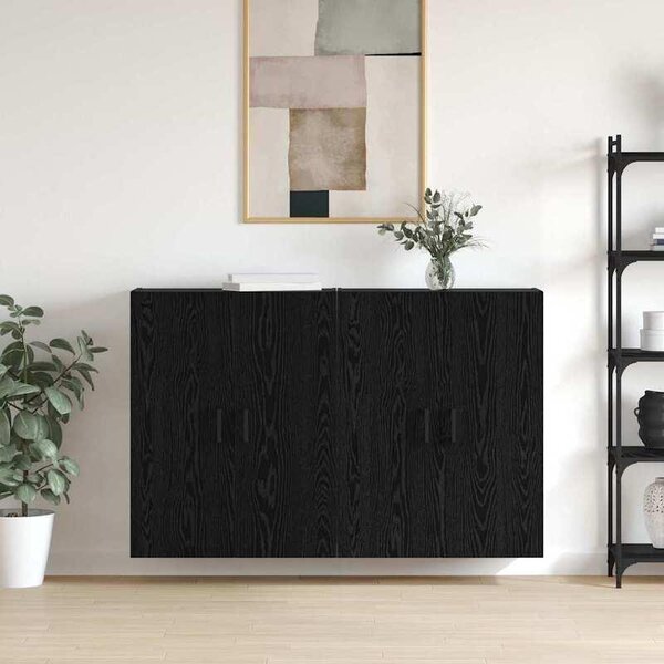 Skříňka na zeď, 69,5 x 34 x 90 cm - Sada 2 kusů, černá barva, imitace dubového dřeva - Odolné masivní dřevo