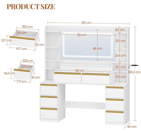 Kosmetický stolek - Toaletní stolek - Stolek na líčení - Moderní design - Velké zrcadlo - Bílá barva