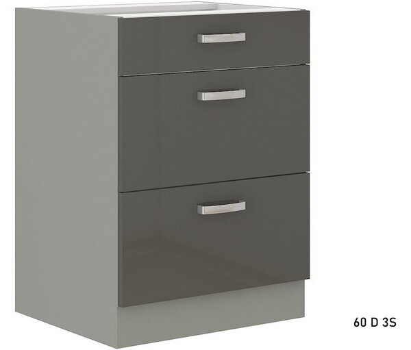 Kuchyňská skříňka dolní šuplíková široká GRISS 60 D 3S BB, 60x82x52, šedá/šedá lesk