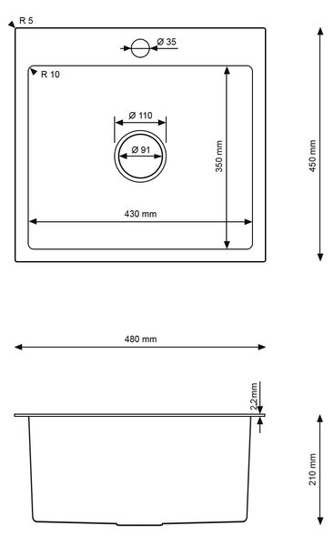 Erga HD, 1-komorový ocelový dřez 480x450x210 mm, ocelová, ERG-MLS-HD4845