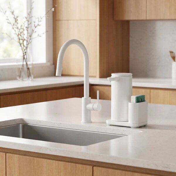 Simplehuman bezdotykový dávkovač - 266 ml + držák na houbičku, bílá ocel