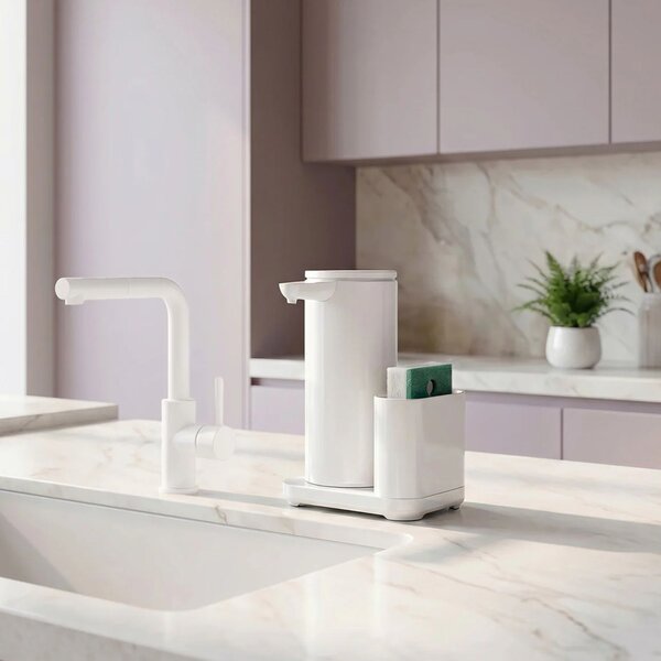 Simplehuman bezdotykový dávkovač - 266 ml + držák na houbičku, bílá ocel