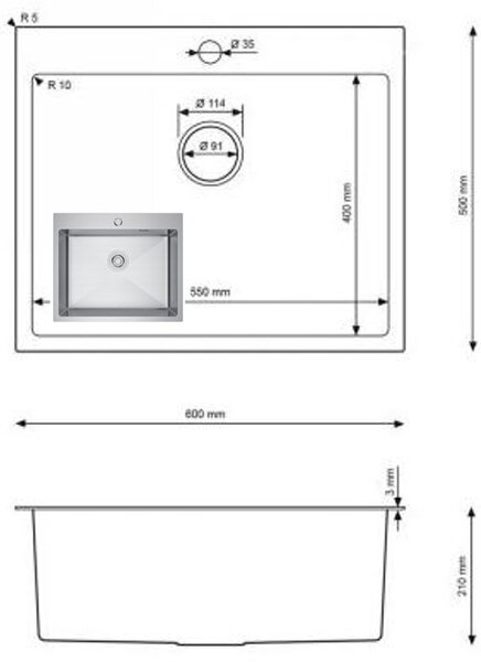 Erga HD, 1-komorový ocelový dřez 600x500x210 mm, ocelová, ERG-MLS-HD6050X