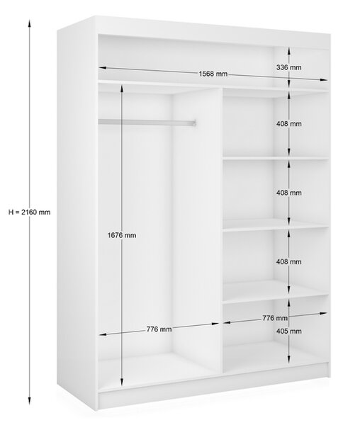 Skříň s posuvnými dveřmi a zrcadlem ROBERTA, 160x216x61, bílá