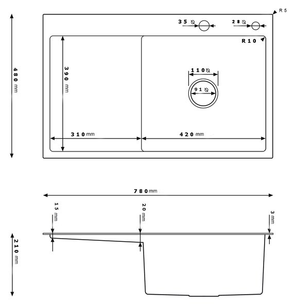Erga HD, 1-komorový ocelový dřez 780x490x210 mm, pravý, grafitová, ERG-MLS-HD7849RB