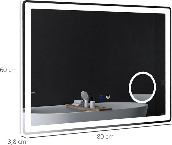 LED zrcadlo do koupelny - Zrcadlo - Nástěnné zrcadlo - Zrcadlo s lupou - Kosmetické zrcadlo - 80x60 cm - 3x zvětšení
