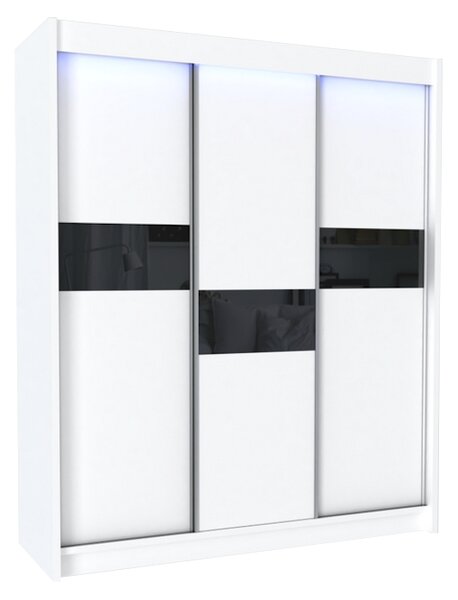 Skříň s posuvnými dveřmi ADRIANA + Tichý dojezd, 180x216x61, bílá/černé sklo