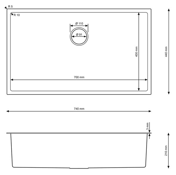 Erga HD, 1-komorový ocelový dřez 740x440x210 mm, zlatá, ERG-MLS-HD7444G
