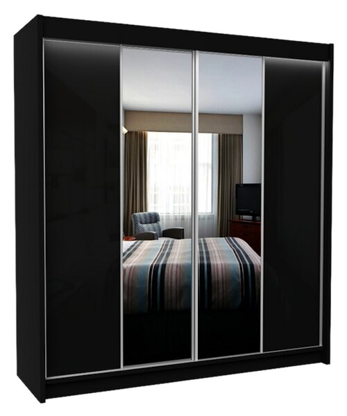 Skříň s posuvnými dveřmi a zrcadlem LUZON, 200x216x61, černá