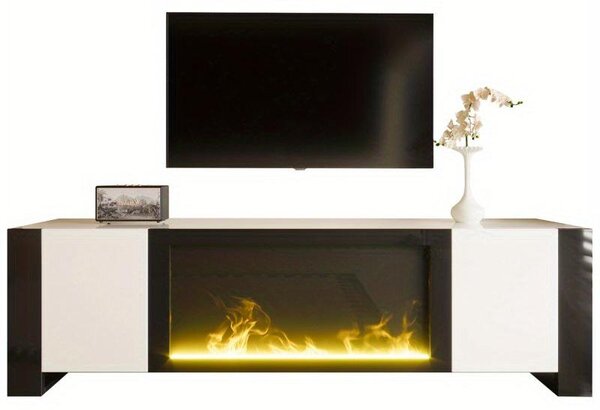 TV stolek s elektrickým krbem – 165 cm – Lesklá bílá a černá barva – Nosnost do 60 kg