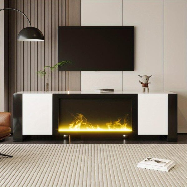 TV stolek s elektrickým krbem – 165 cm – Lesklá bílá a černá barva – Nosnost do 60 kg