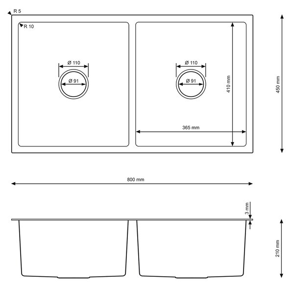 Erga HD, 2-komorový ocelový dřez 800x450x210 mm, grafitová, ERG-MLS-HD8045B