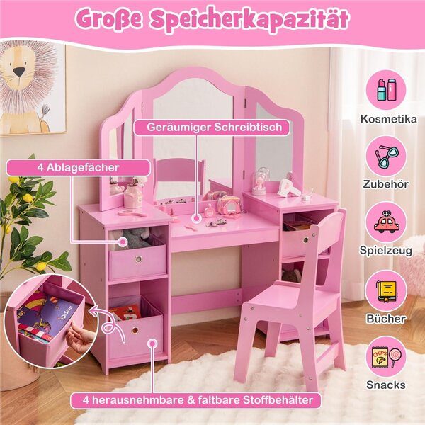 Dětský toaletní stolek "Kinder" - stolek na líčení, stolek na hraní, toaletní stolek - 2 v 1 s odnímatelným zrcadlem