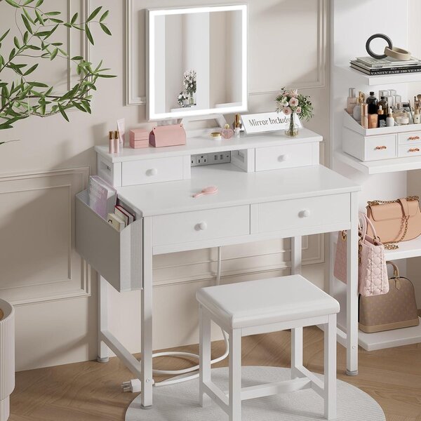 Bílý toaletní stolek se zrcadlem a osvětlením, sada toaletního stolku pro malé dívky včetně židle, komoda na make-up se zásuvkami a zásuvkou do ložnice