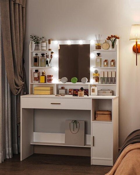 Noční stolek s LED osvětlením a zásuvkou – moderní design, vhodný do ložnice, barva bílá