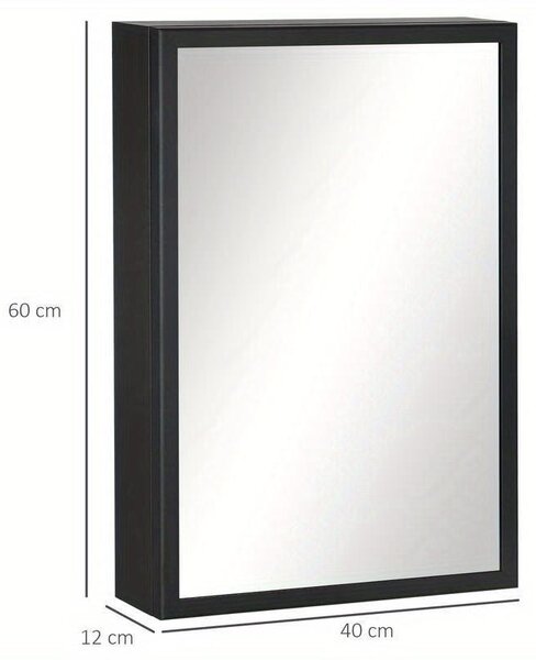 Zrcadlová skříňka do koupelny - Nástěnná skříňka se 3 policemi a dvířky - Nerezová ocel - 40x12x60 cm - Černá