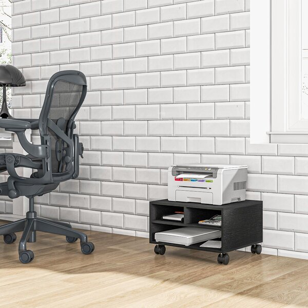HOMCOM Stojan na tiskárnu se 2 policemi, dřevěný kabinet do kanceláře a na studium s kolečky, 47x40x27,5 cm, černý | Aosom