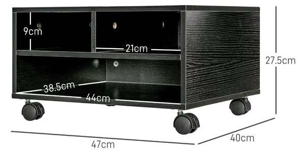 HOMCOM Stojan na tiskárnu se 2 policemi, dřevěný kabinet do kanceláře a na studium s kolečky, 47x40x27,5 cm, černý | Aosom