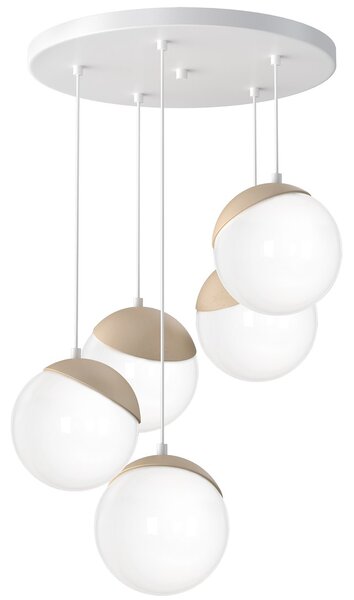Závěsné svítidlo Sfera, 5x bílé skleněné stínítko, w/dřevo, o