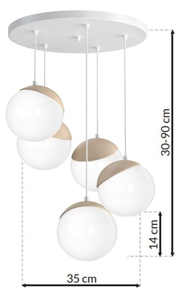 Závěsné svítidlo Sfera, 5x bílé skleněné stínítko, w/dřevo, o