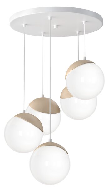 Závěsné svítidlo Sfera, 5x bílé skleněné stínítko, w/dřevo, o