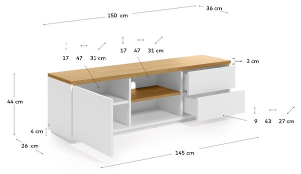 Bílý lakovaný TV stolek Kave Home Abilen 150 x 36 cm