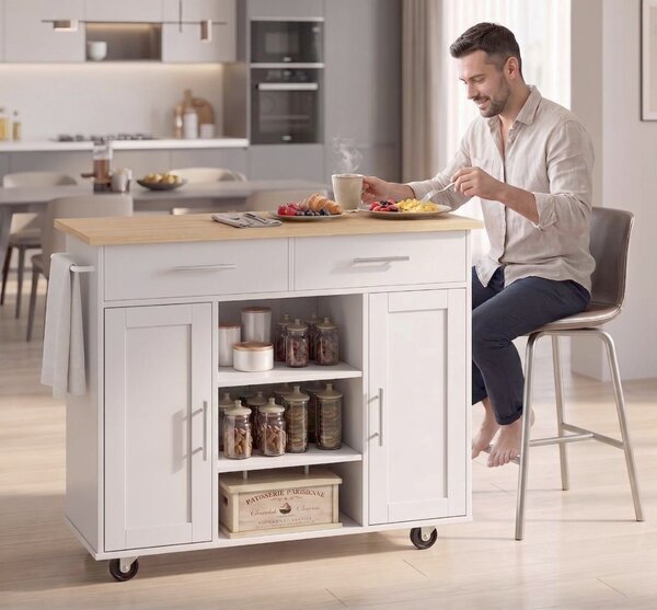 VerDesign SARDINIA kuchyňský ostrůvek na kolečkách, barva bílá/dub sonoma