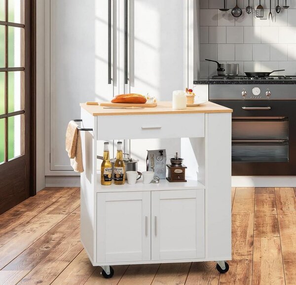 VerDesign CORSICA kuchyňský ostrůvek na kolečkách, barva bílá/dub sonoma