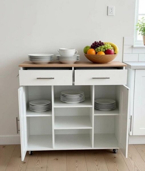 VerDesign SARDINIA kuchyňský ostrůvek na kolečkách, barva bílá/dub sonoma