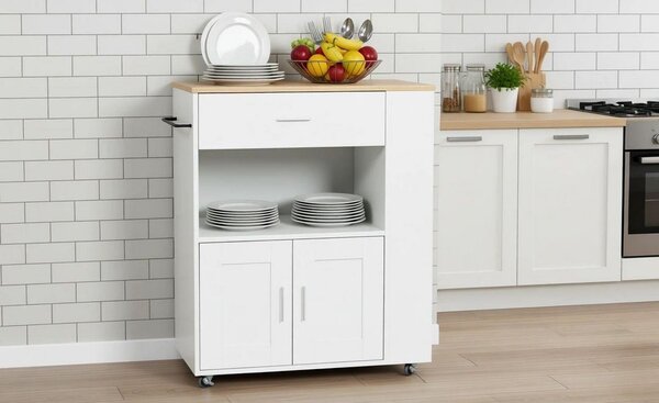 VerDesign CORSICA kuchyňský ostrůvek na kolečkách, barva bílá/dub sonoma