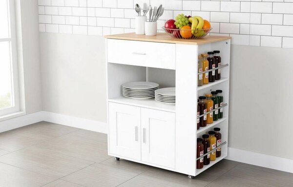 VerDesign CORSICA kuchyňský ostrůvek na kolečkách, barva bílá/dub sonoma