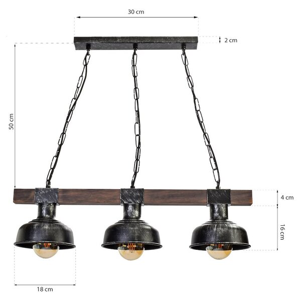 Závěsné svítidlo Faro, 3x černé kovové stínítko, b/dřevo