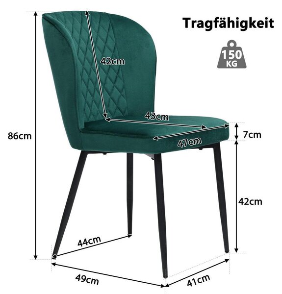 Jídelní židle - Židle - Sedací křeslo - Kuchyňská židle - Sada 2 kusů - Tmavě zelený kovový rám - Pohodlná
