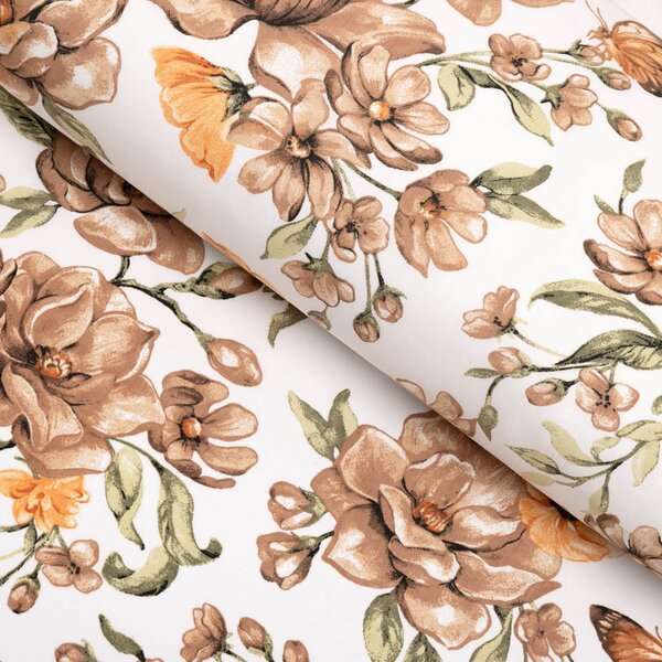 Biante Bavlněný oválný ubrus Sandra SA-458 Hnědé květy magnolie s motýlky na bílém 50x100 cm