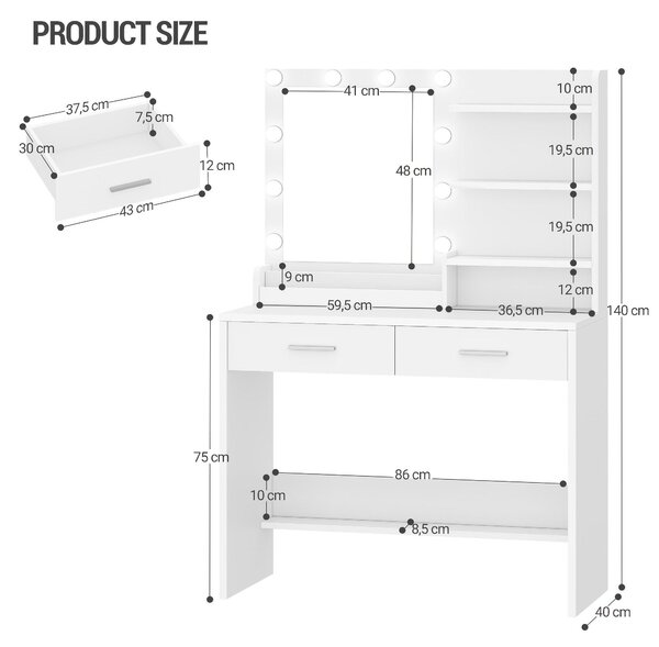 Toaletní stolek - Kosmetický stolek - Zrcadlo na líčení - LED osvětlení - 90 cm, bílá barva