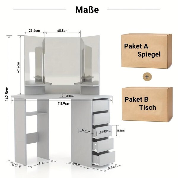 Kosmetický stolek - Toaletní stolek - Stolek s úložným prostorem - Kosmetický stolek s osvětlením - Stolek na šperky - Černá barva - 3 zrcadla pro 360° zobrazení