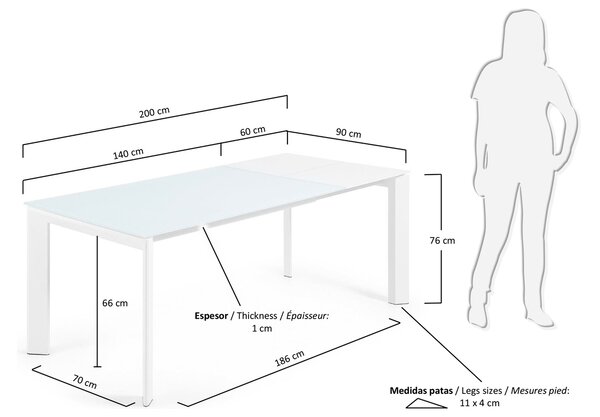 Bílý skleněný rozkládací jídelní stůl Kave Home Axis 140/200 x 90 cm