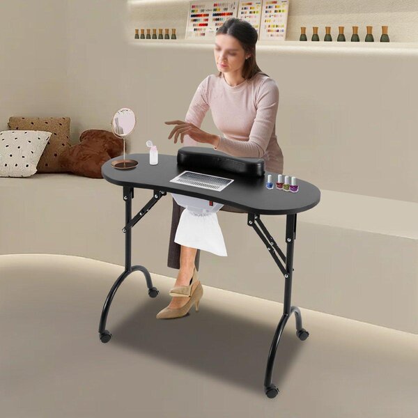 Manikérský stolek, černý - 5,5 W - 90x40x72,5 cm - MDF, kosmetický stolek pro manikúru s kolečky
