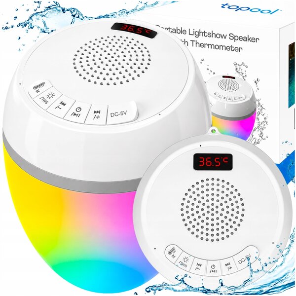 Vodotěsný Bluetooth reproduktor do bazénu IP68, LED + Teploměr + Stereo Audio