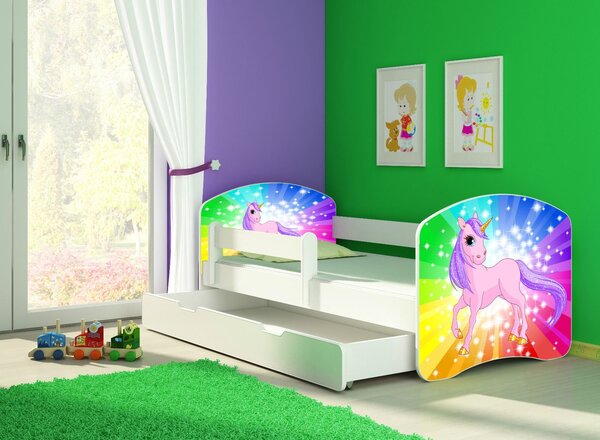 Dětská postel - Poník jednorožec duha 2 140x70 cm + šuplík bílá
