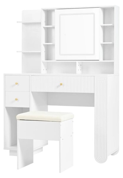Kosmetický stolek – stolek na líčení – bílý design imitující dřevo – osvětlení pomocí LED diod (3 barvy)