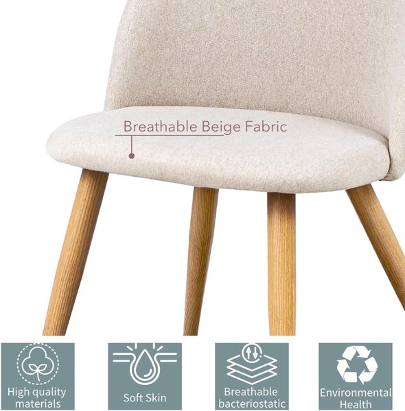 Sada čtyř moderních jídelních židlí ve tvaru mušle, potažených jemnou béžovou látkou, s kovovými nohami, elegantní kuchyňské židle