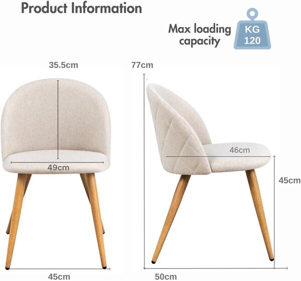 Sada čtyř moderních jídelních židlí ve tvaru mušle, potažených jemnou béžovou látkou, s kovovými nohami, elegantní kuchyňské židle