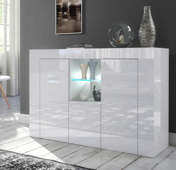 Úložná komoda - Komoda s LED osvětlením - Lesklá a matná bílá barva - Tři dvířka