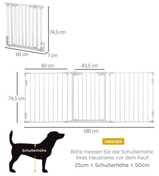 Ohrádka pro psy se 3 prvky a bezpečnostními dvířky, bílá, rozměry 180x3x74,5 cm, pro bezpečnou ochranu