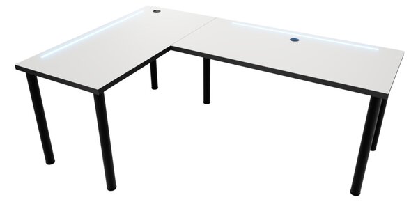 Počítačový rohový stůl N s LED, 200/135x73-76x65, bílá/černé nohy, levý