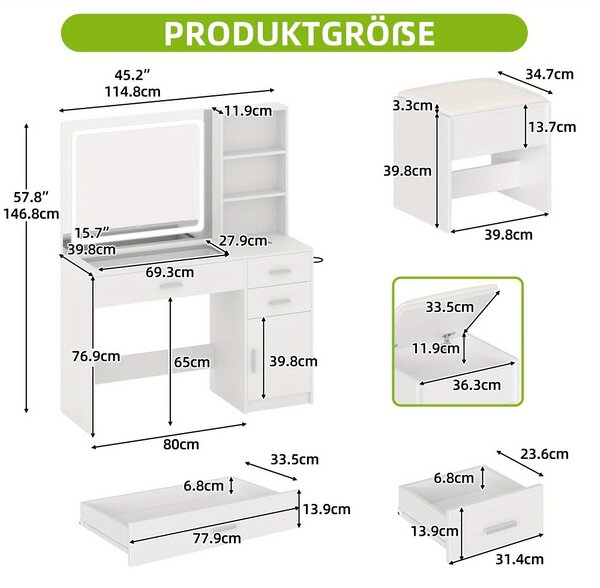 Kosmetický stolek - Toaletní stolek - Stolek s úložným prostorem - Stolek s osvětlením - Nábytek - Zrcadlo s LED osvětlením - 4 zásuvky