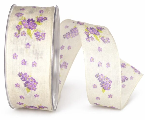 Lavender Meadow – květinová látková stuha s drátkem 40mm x 20m
