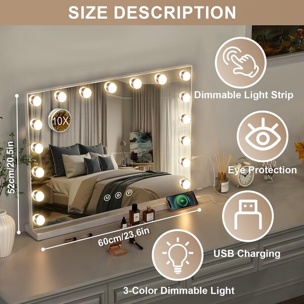Zrcadlo do koupelny s osvětlením – hollywoodské zrcadlo na toaletní stolek s 17 stmívatelnými LED lampami