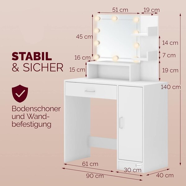 Toaletní stolek – Kosmetický stolek – Stolek na líčení – Bílý, s LED osvětlením, vyrobený z MDF
